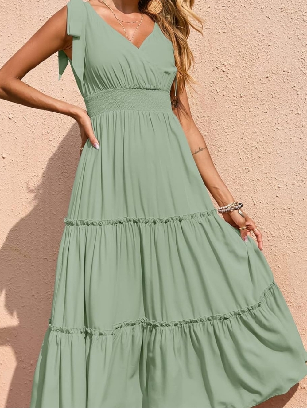 Sage Green Tiered Maxi Dress with Smocked Waist